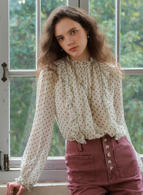 相对纶/复古木耳边雪纺印花衬衫