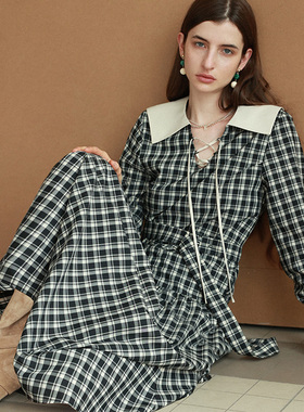 相对纶/方领黑白格子法式简单大方高级感穿搭气质款长袖连衣裙