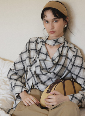 相对纶/黑白格子飘带荡领长袖女士衬衫法式小资独特精致小上衣