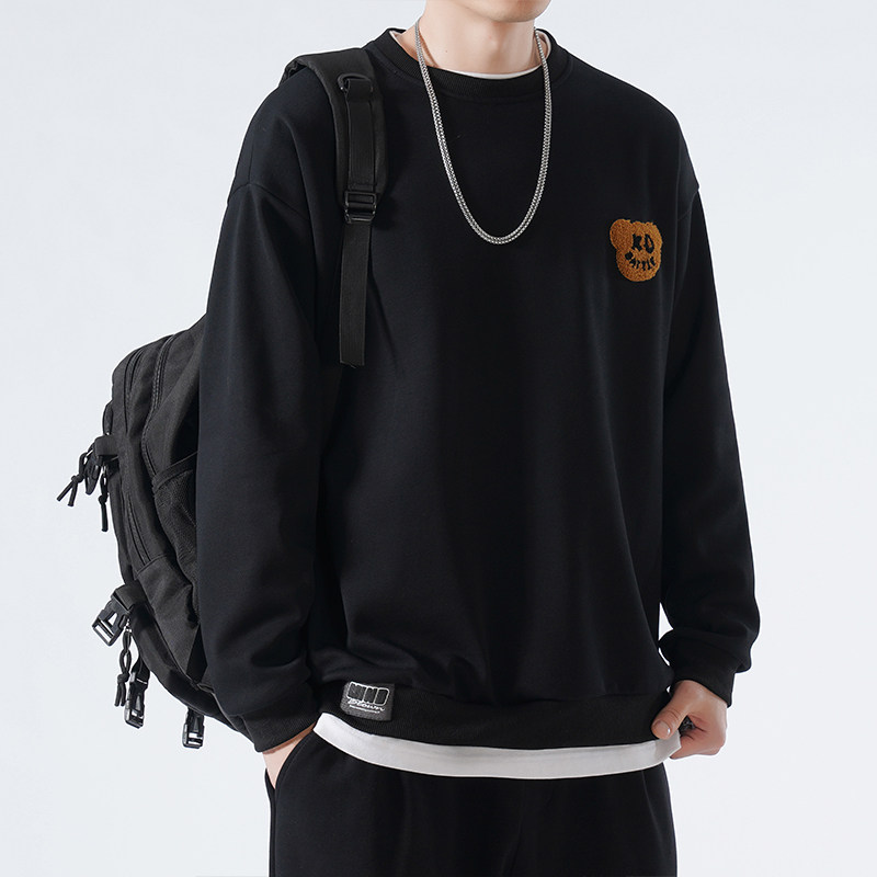 베어 라운드 넥 스웨트 셔츠 남성 봄 가을 유행 브랜드 긴팔 티셔츠 탑 캐주얼 루즈 일본식 후드리스 대형