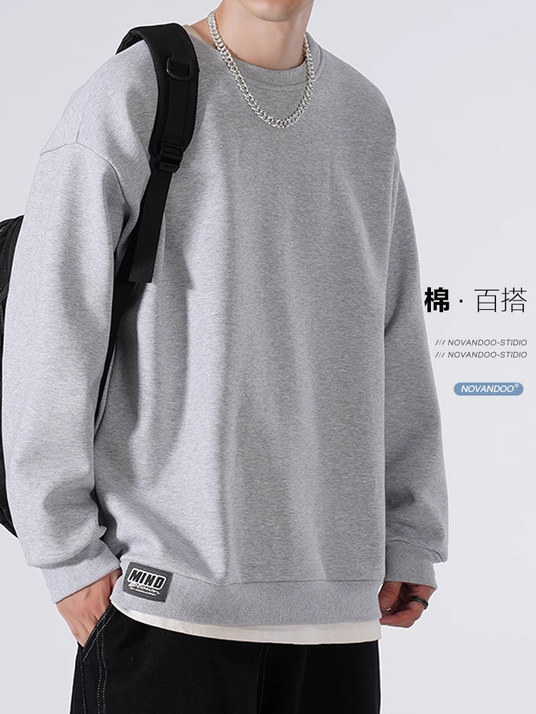 그레이 스웨트 셔츠 남성용 학생 가을 겨울 루즈 라운드 넥 풀오버 캐주얼 긴팔 탑 [벨벳 포함]