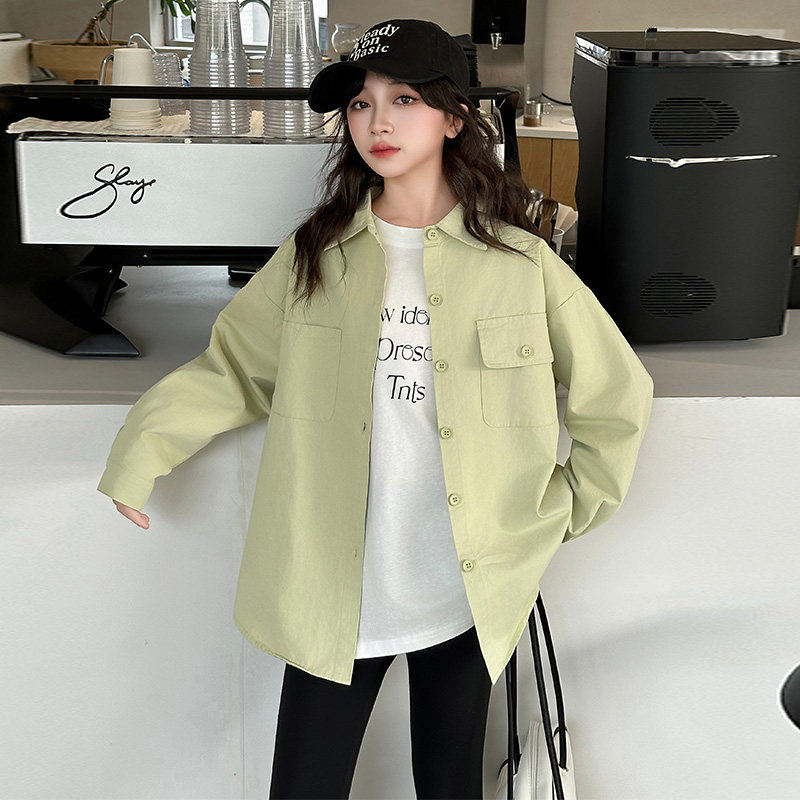 女童衬衣外套春秋装2025新款洋气中大童春装衬衫宽松韩版长袖纯色