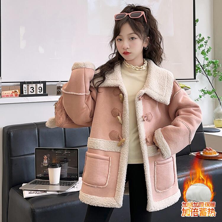 中大童中长款秋冬装外套皮毛一体上衣时髦洋气羊羔绒大衣韩版女童