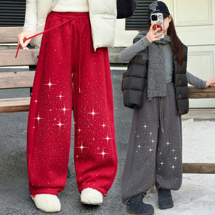 女童烫钻加绒加厚阔腿裤中大童显瘦松紧腰抽绳大红卫裤亮晶晶长裤