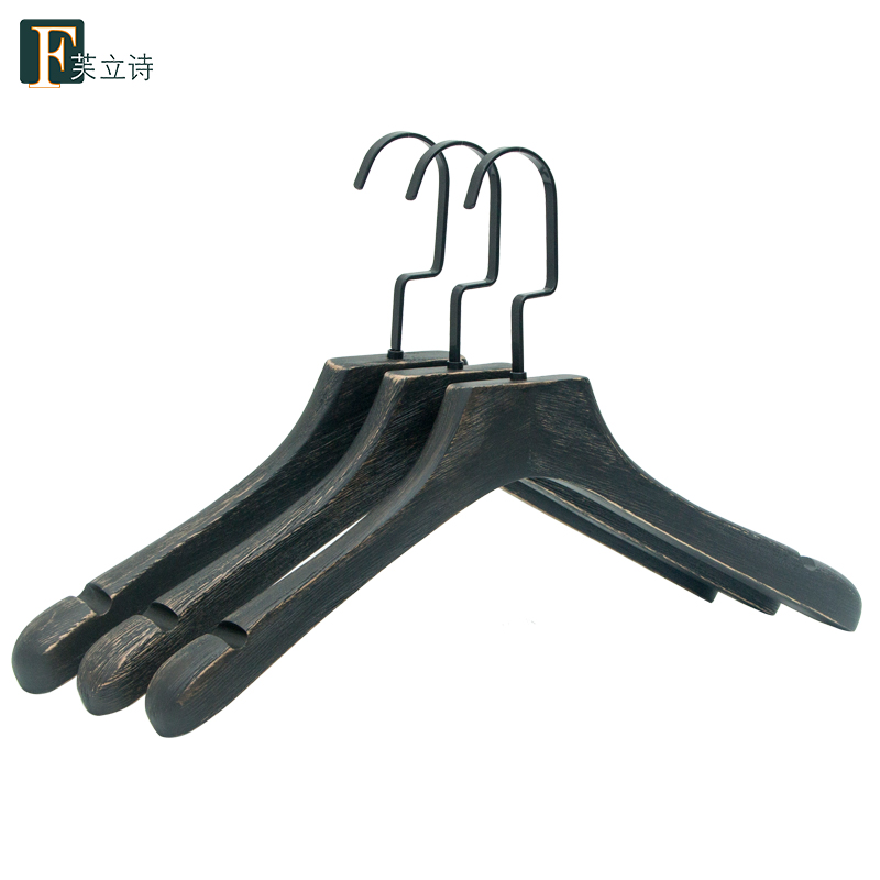 黑色手工木衣架实木衣撑拉丝做旧木质衣挂服装店影楼个性logo订制
