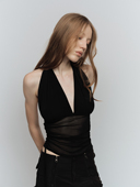 LUCENCY HTML24春夏性感露背网纱V领挂脖抽褶弹力吊带背心上衣