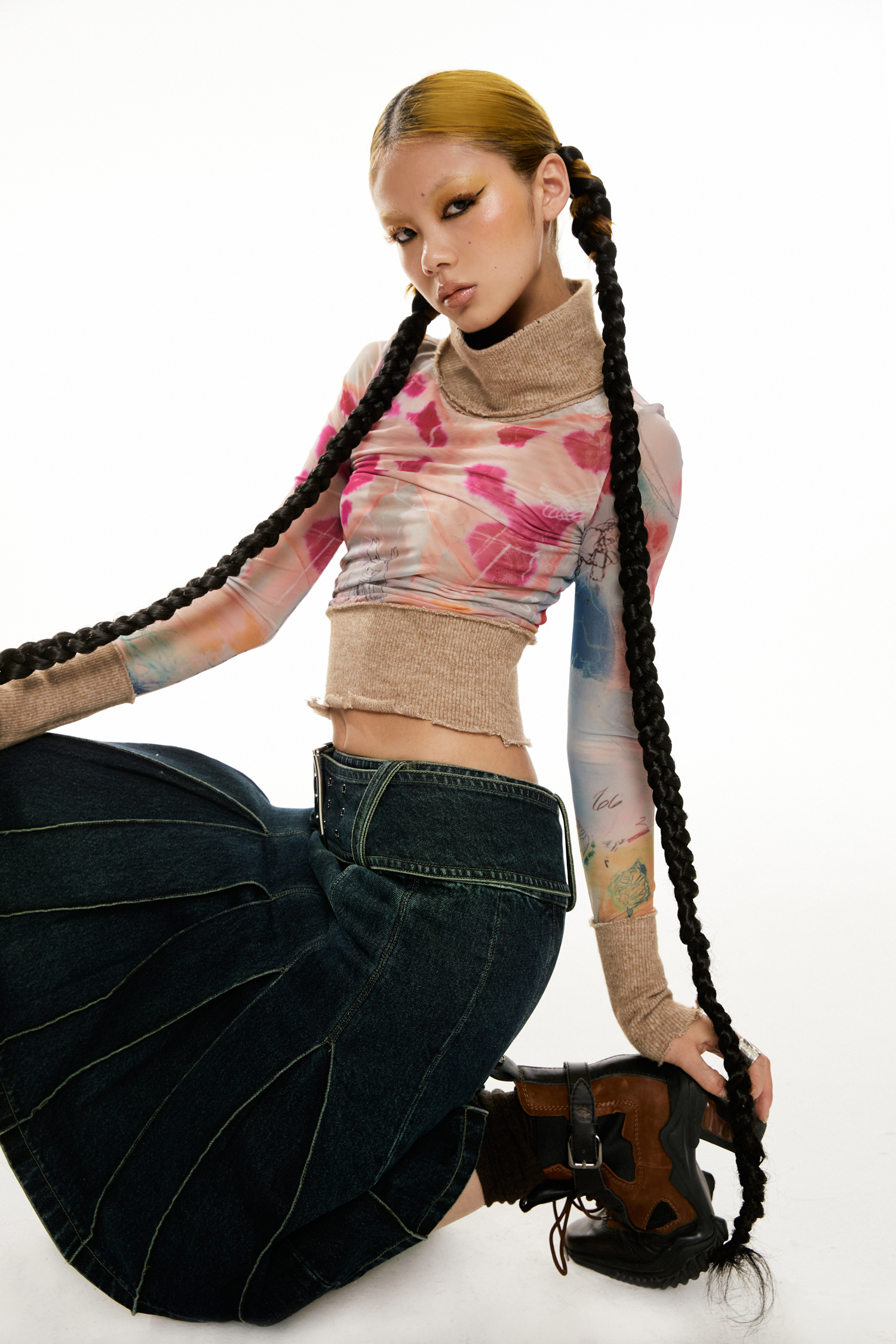 lucency html22秋冬针织螺高领涂鸦印花拼接撞色辣妹修身皮肤衣