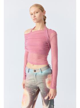 LUCENCY 25春夏双层落肩堆褶网纱T恤上衣