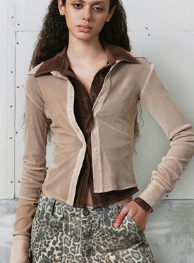 LUCENCY 24秋冬四色叠穿经典修身弹力丝绒按扣衬衫上衣