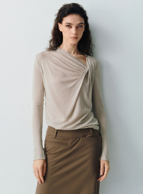 LUCENCY25AW 不对称抽褶针织T恤慵懒软糯长袖日常上衣