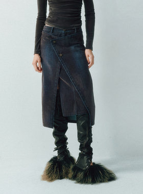 LUCENCY AW2025 植绒牛仔半裙 做旧水洗假两件式复古牛仔裙女秋冬