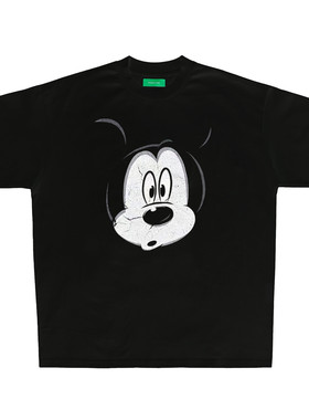 米奇头像做旧印花复古重磅全棉国潮情侣宽松短袖小领口TEE