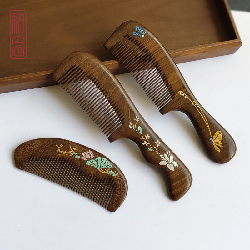 黑金檀木梳子描金按摩梳檀木静电家用养发妈妈母亲节礼物刻字