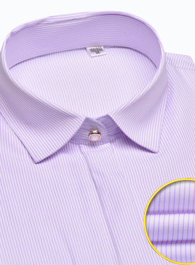 白底紫色条纹女士长袖衬衫ol修身银行工装方领大码职业装免烫衬衣