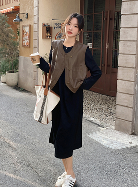 现货   咖色马甲+黑色连衣裙两件套 2C206-L13-P175-K238