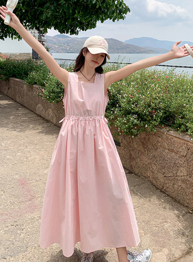 2C177-D79-P115-K178粉色法式气质收腰方领夏女宽松无袖连衣裙