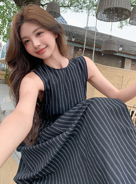 新款现货连衣裙无袖抽绳气质条纹棉麻2C107-88023-P115-K168