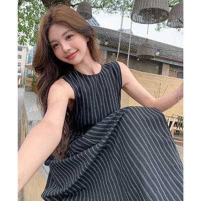 新款现货连衣裙无袖抽绳气质条纹棉麻2C107-88023-P115-K168