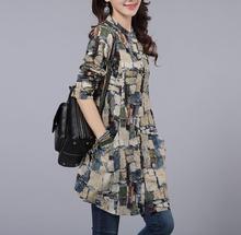 女 开衫 亚麻长袖 棉麻衬衫 大码 秋复古印花女上衣长袖 宽松衬衣中长款