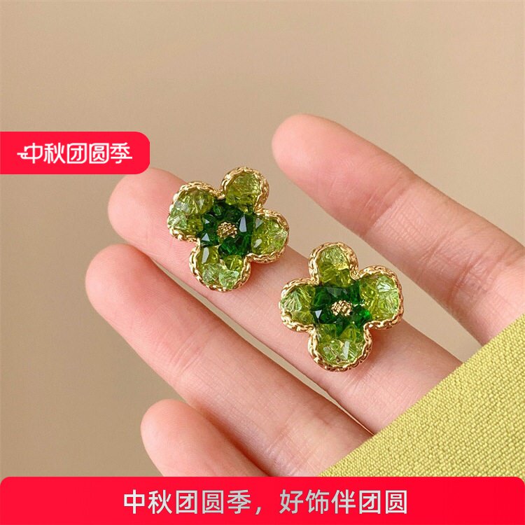 超仙绿色水晶花朵耳钉女韩国小众复古个性简约百搭气质耳环耳饰