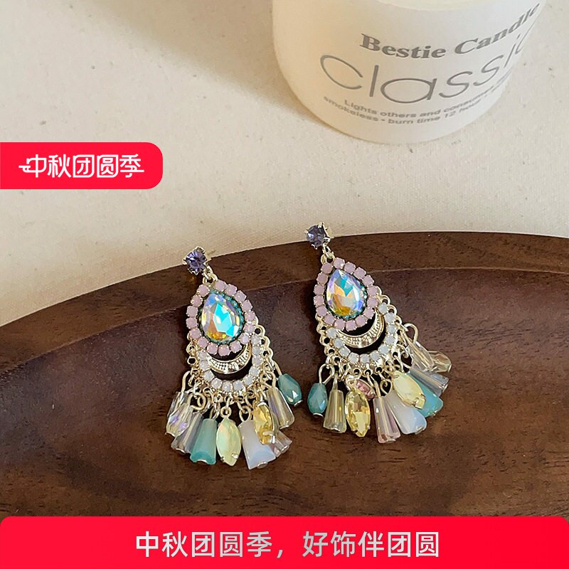 多巴胺彩色水晶流苏耳钉女复古民族风轻奢时尚通勤百搭耳环耳饰