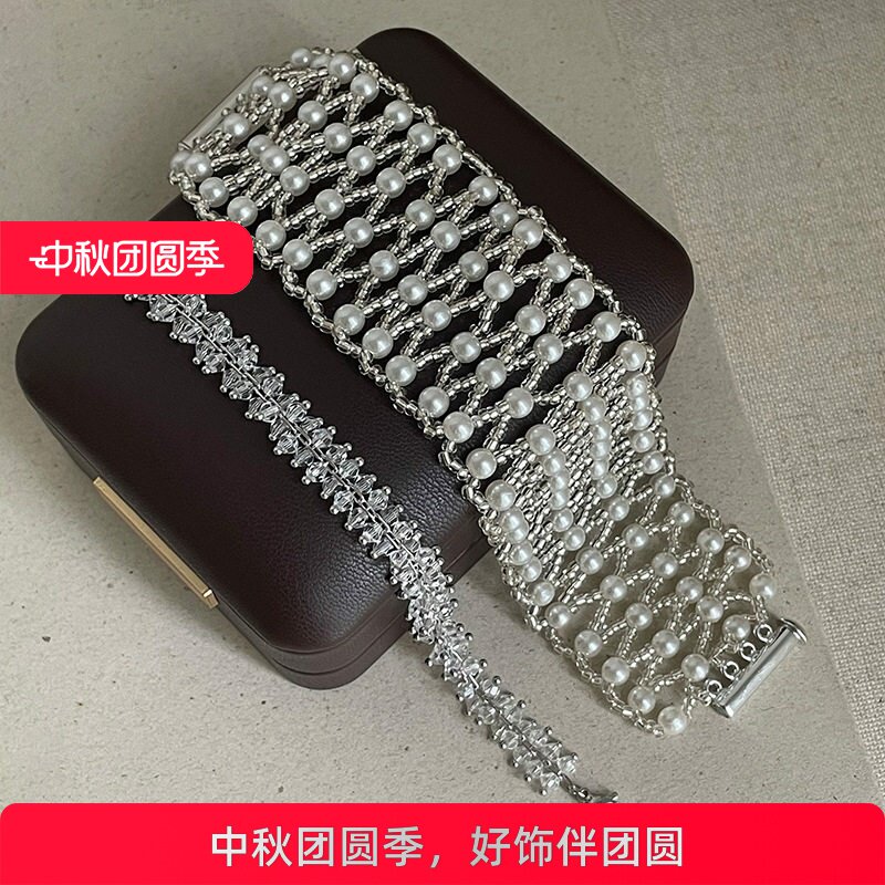夸张设计感缕空编织珍珠宽版手链女法式复古个性时尚百搭手环手饰