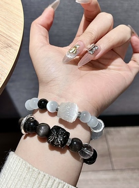 普陀山文创情侣天然黑曜石手串猫眼石手链貔貅转运生日送男女礼物