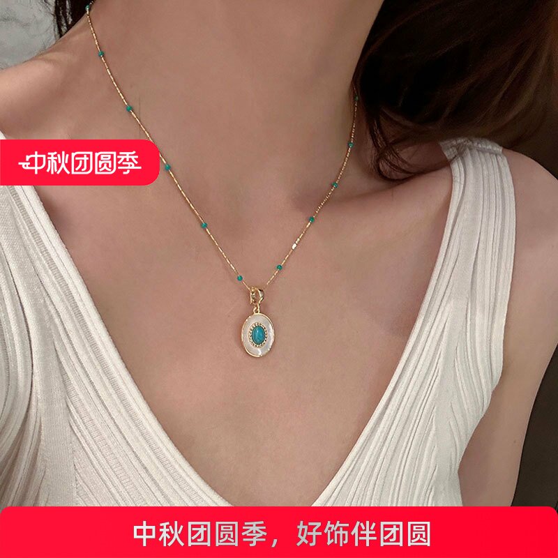 设计感绿松石珍珠叠戴项链女复古轻奢优雅时尚气质百搭颈链锁骨链