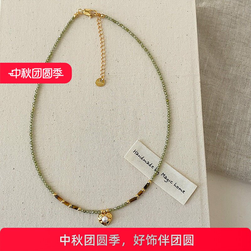 绿色水晶虎眼石串珠爱心项链女清新甜美时尚优雅百搭颈链锁骨链