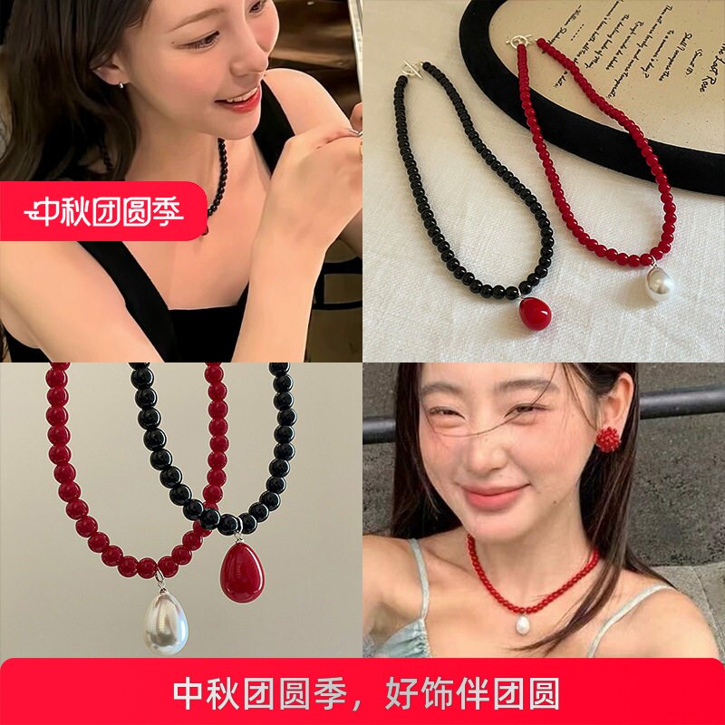 韩国小众水滴吊坠串珠项链女复古轻奢优雅时尚气质百搭颈链锁骨链