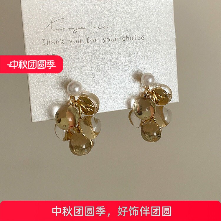 珍珠透明树脂葡萄串流苏耳钉女小众设计复古个性百搭气质耳环耳饰