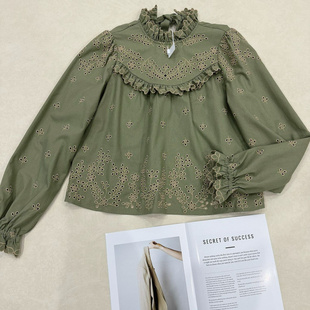 短款洋气橄榄绿色木耳花边系带绣花上衣