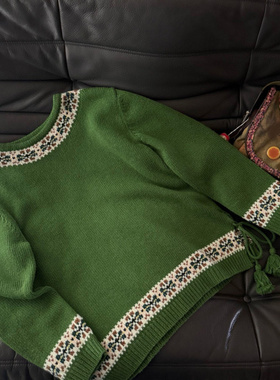 复古花卉提花流苏绑带绿色羊毛针织衫