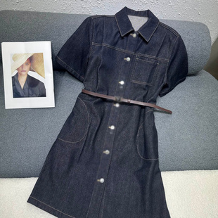 小A字版型复古靛青色翻领牛仔连衣裙