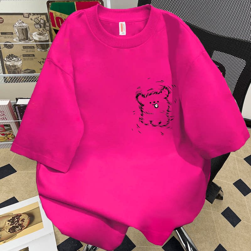 玫红纯棉短袖T恤男女同款夏季趣味小狗美式复古潮牌宽松体恤半袖
