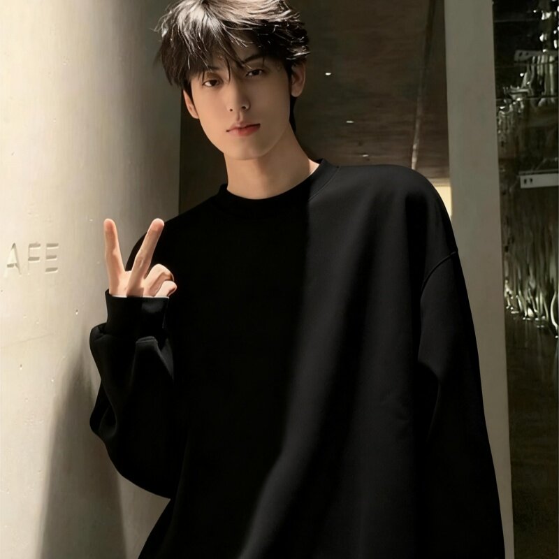 黑色美式卫衣男款秋季cleanfit小领口重磅长袖t恤纯棉内搭打底衫