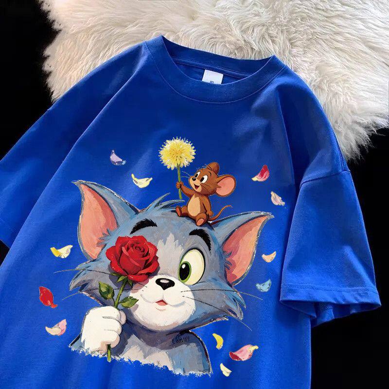 100%纯棉重磅短袖t恤男女同款欧美嘻哈猫鼠夏季宝蓝色宽松上衣ins