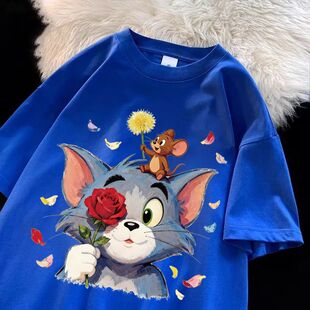 100%纯棉重磅短袖t恤男女同款欧美嘻哈猫鼠夏季宝蓝色宽松上衣ins