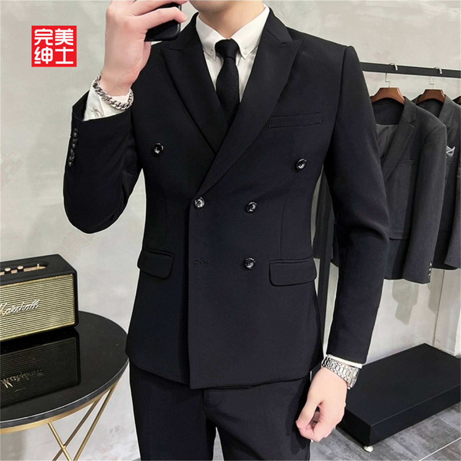 双排扣戗驳领西装男款高级感胖子穿大码结婚礼服男士西服套装高档