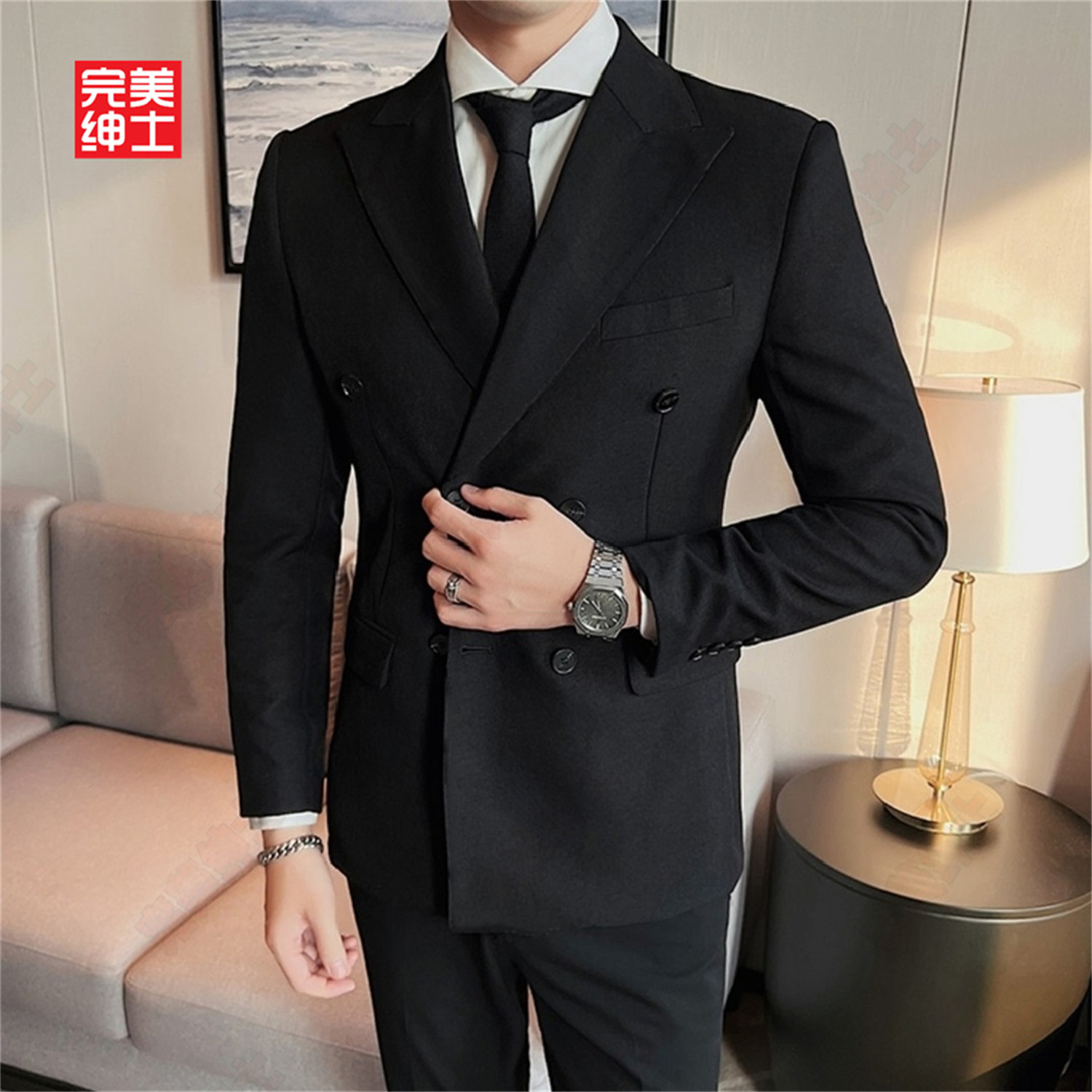 双排扣戗驳领西装男款高级感胖子穿大码结婚礼服男士西服套装高档