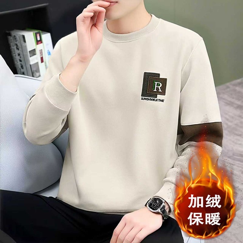 潮流男士卫衣秋冬季保暖2025新款圆领加绒加厚打底衫宽松男装上衣