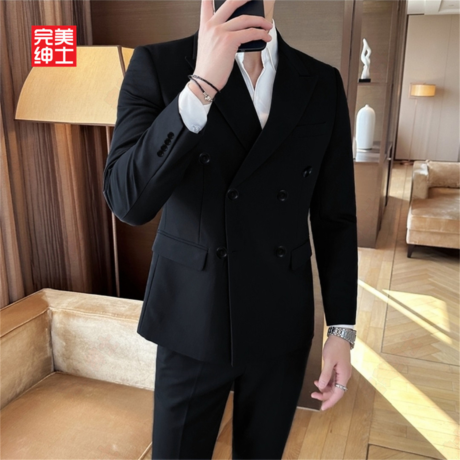 双排扣戗驳领西装男款高级感胖子穿大码结婚礼服男士西服套装高档