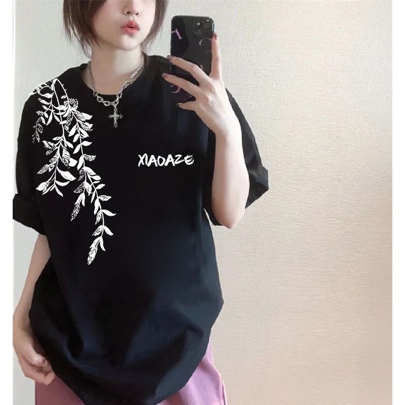 夏季美式左边树叶T恤新款男女短袖ins潮牌情侣圆领宽松上衣女半袖
