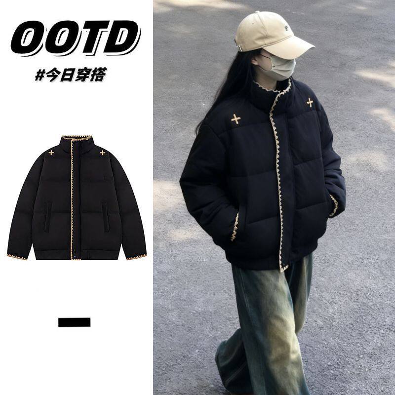 冬季韩版简约情侣款面包服基础防风立领刺绣男女保暖加厚棉服棉衣