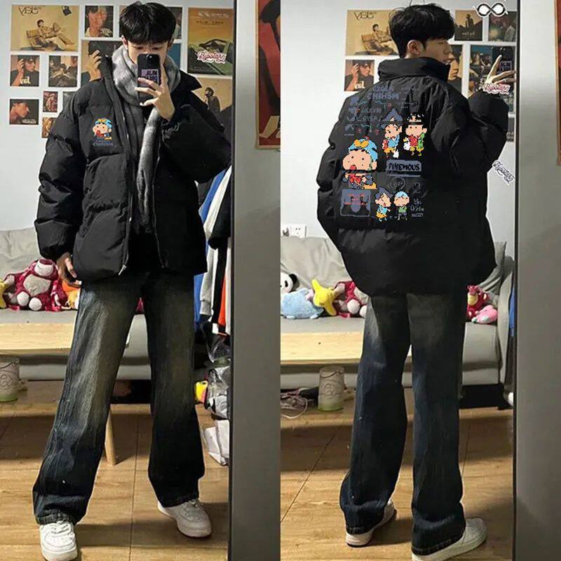 美式复古潮牌秋冬季小新印花立领棉服男款加厚保暖防风宽松面包服