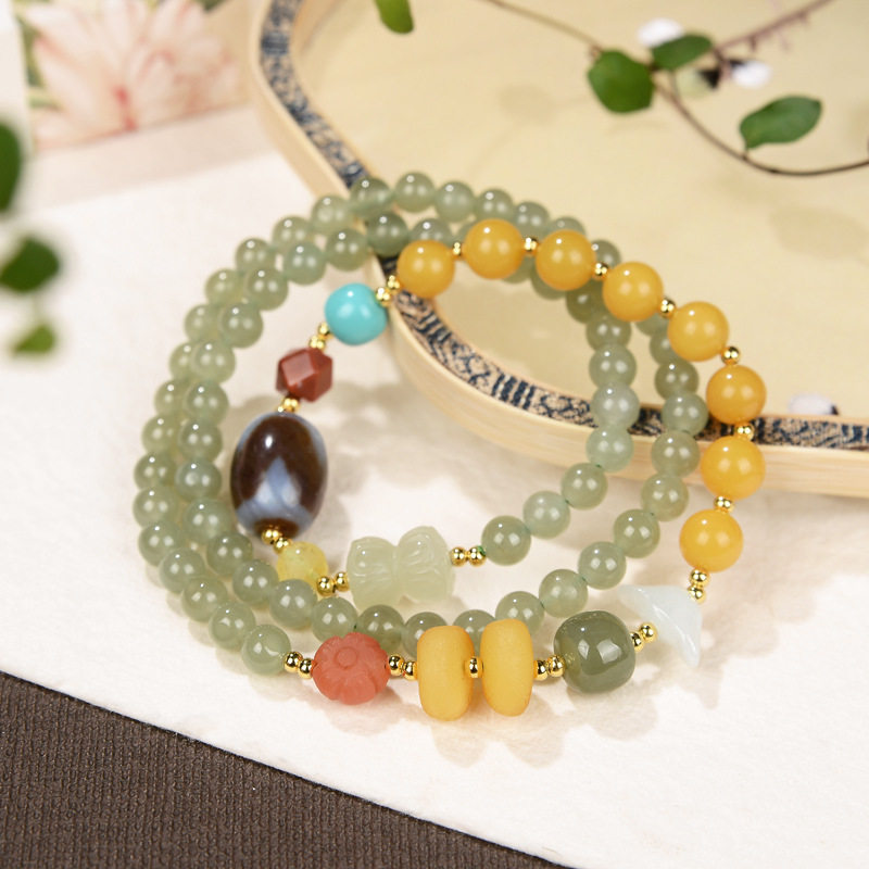 辰锦 s925纯银镀金南红玛瑙蜜蜡绿松石青玉复古桶珠多圈多宝手链
