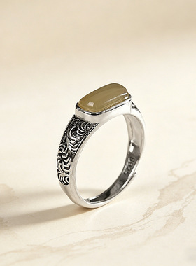 春锋似瀚 s925纯银镶嵌和田玉戒指 简约复古女时尚个性开口指环