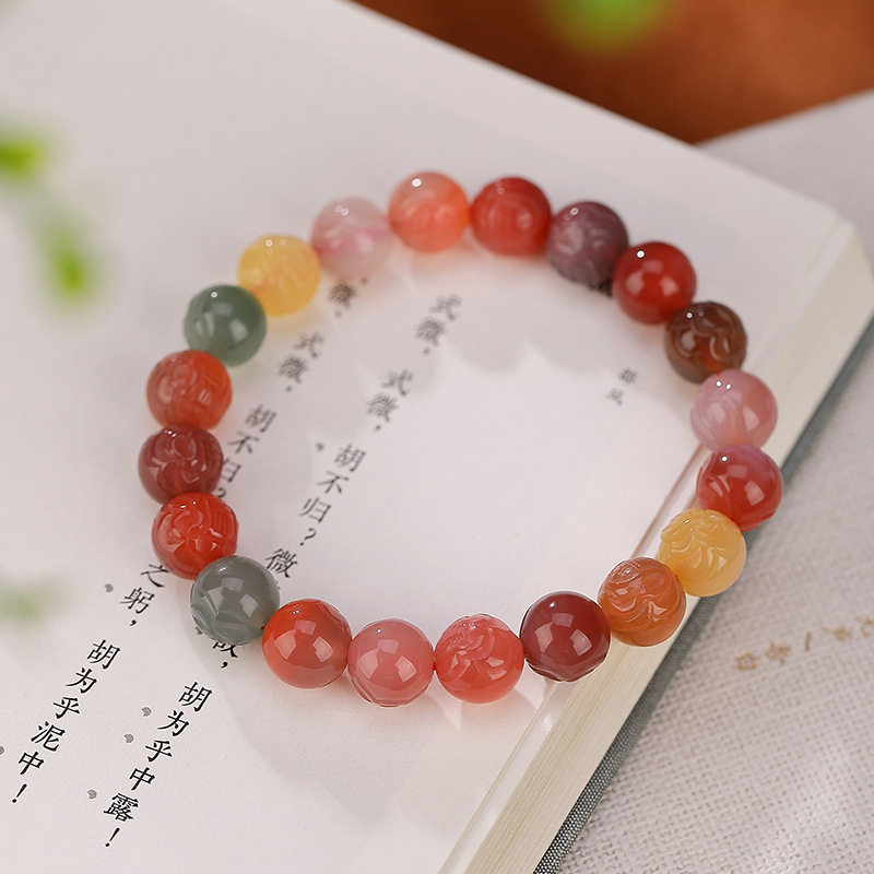 辰锦 天然盐源玛瑙个性简约圆珠花纹手串百搭设计款女士夏季手链