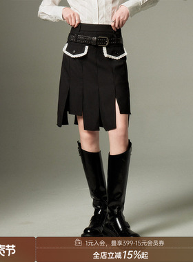 【清仓特惠】DIDDIMODA学院风少黑色不规则半身裙设计感百褶短裙