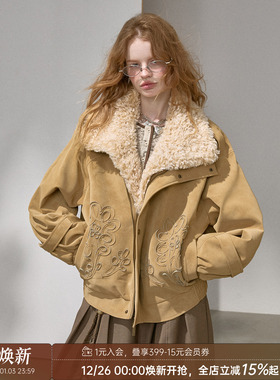 DIDDI MODA 盘带绣夹棉毛毛领翻领保暖宽松挺廓短款长袖皮衣冬季